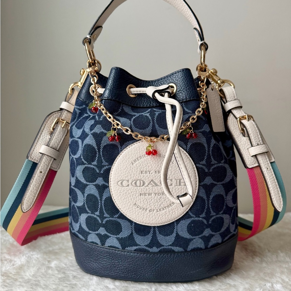Coach Dempsey Denim Bucket Bag with chain charm